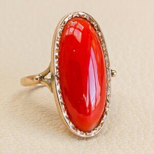 14k Gold Mediterranean Coral Cabochon Ring
